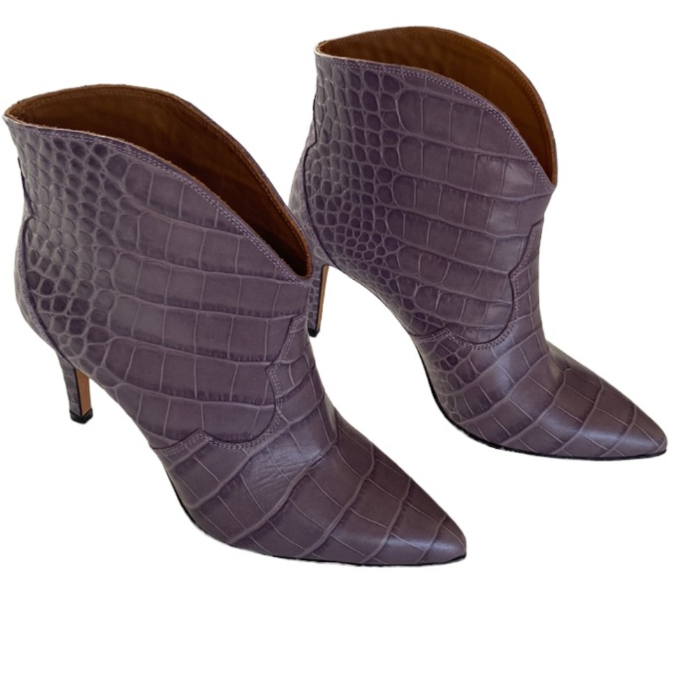 Toral Purple Embossed Leather Ankle Boots Heel Slip Ons NEW
